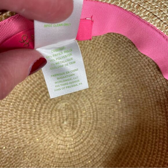 Lilly Pulitzer Sun Hat Wide Brim Floral Coquette Preppy Metallic Tan Pink Green - Picture 7 of 12